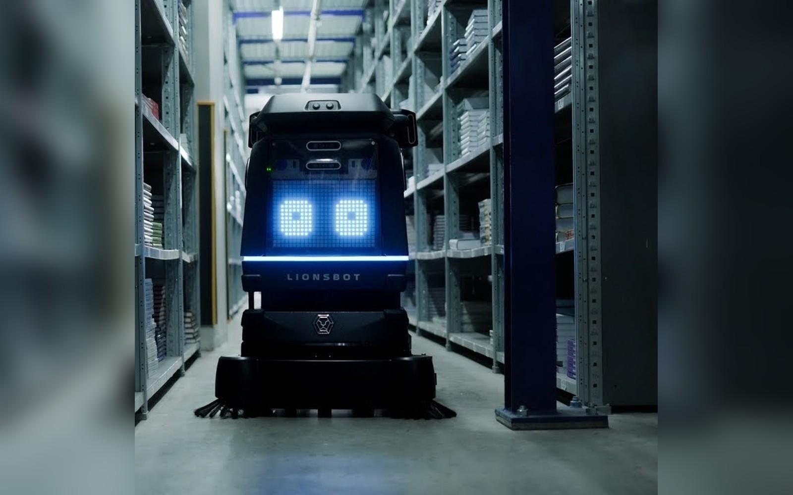 LionsBot commercial cleaning robot in an Indian warehousing facility